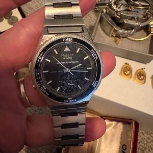 Vintage Pulsar Silver and Black Chronograph Timepiece